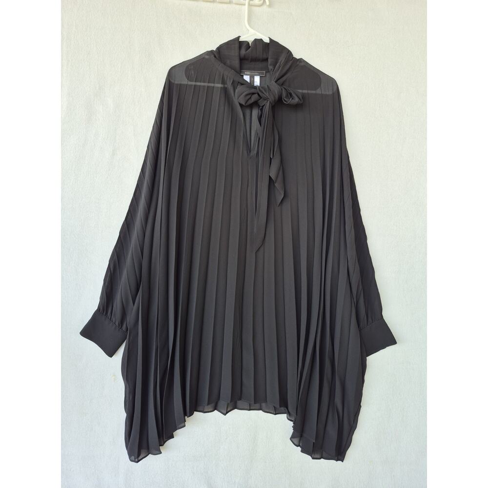 BCBGMAXAZRIA Womens Black Pleated Cape Poncho Top OS Sheer Tie Neck
